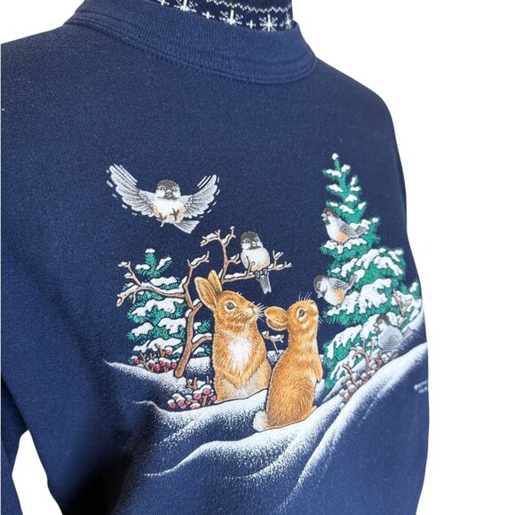 Vintage 90s Morning Sun Cottagecore Sweatshirt Bunnies Birds Print Mock Neck Med - Picture 2 of 5